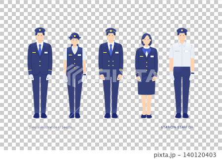 駅員・鉄道乗務員の男女5人全身イラストセット(制服・夏服・冬服) 駅員・鉄道乗務員の男女5人全身イラストセット(制服・夏服・冬服) 140120403