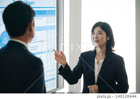 画面を見ながら会話するビジネスパーソンのグループ 画面を見ながら会話するビジネスパーソンのグループ 140120444