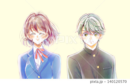 ブレザーの女子学生と学ランの男子学生 笑顔 ブレザーの女子学生と学ランの男子学生 笑顔 140120570