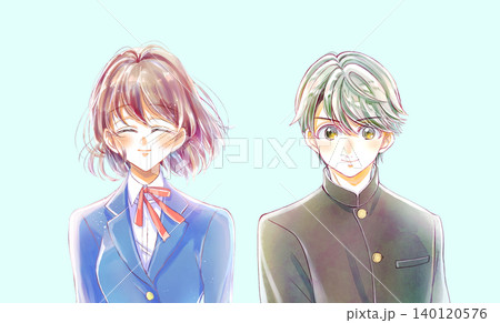 ブレザーの女子学生と学ランの男子学生 笑顔 ブレザーの女子学生と学ランの男子学生 笑顔 140120576