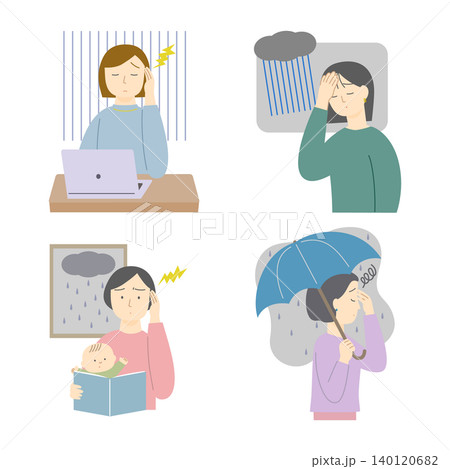 気圧変化による頭痛で悩む女性たちのイラストセット 140120682