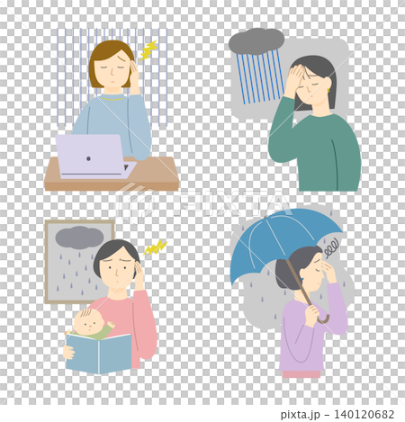 一組插圖，描繪了因大氣壓力變化而頭痛的女性。 140120682