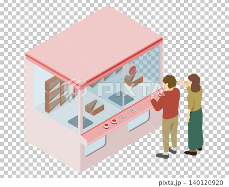 等距插圖：一對情侶在玩抓娃娃機。 140120920