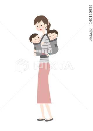 抱っこ紐で双子を抱っこする女性 140120933