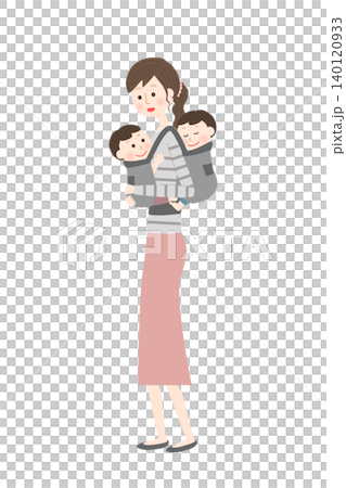 一位女士用嬰兒背帶背著一對雙胞胎。 一位女士用嬰兒背帶背著一對雙胞胎。 140120933