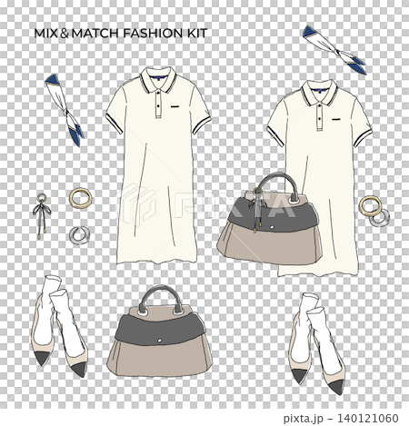 Dress-up fashion kit: Illustration of a neat and casual outfit featuring a polo dress. Dress-up fashion kit: Illustration of a neat and casual outfit featuring a polo dress. 140121060