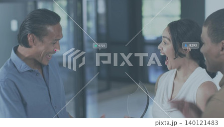 Gasping woman in sleeveless white top holding glass trophy in office lobby, numeric tags 3725 8293 Gasping woman in sleeveless white top holding glass trophy in office lobby, numeric tags 3725 8293 140121483