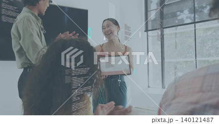Smiling woman wearing red top and dark pants holding framed certificate in bright meeting room Smiling woman wearing red top and dark pants holding framed certificate in bright meeting room 140121487