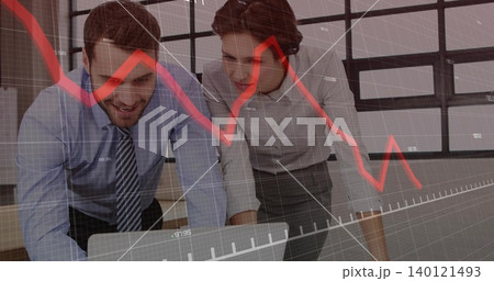 Leaning two professionals in suits studying laptop in office, with red chart overlay and windows Leaning two professionals in suits studying laptop in office, with red chart overlay and windows 140121493