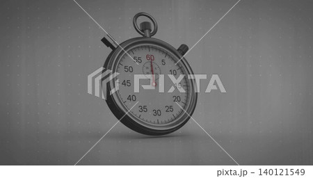 Showing analog stopwatch on studio gray backdrop with dotted grid, glass face, red second hand Showing analog stopwatch on studio gray backdrop with dotted grid, glass face, red second hand 140121549