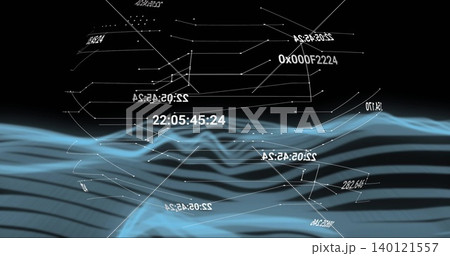 Flowing blue layered waveform moving across data void, showing wireframe nodes and numeric labels 140121557