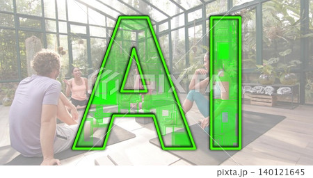 Sitting four adults wearing athletic clothing, practicing yoga on mats in glass studio, AI hovering 140121645