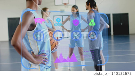 Holding woman in light blue uniform standing on court near hoop, with basketball, HUD, copy space Holding woman in light blue uniform standing on court near hoop, with basketball, HUD, copy space 140121672