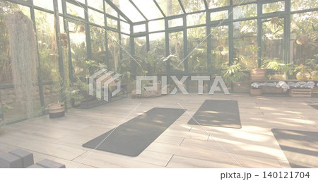 Displaying greenhouse-style yoga studio preparing for class with three dark mats, blocks, plants Displaying greenhouse-style yoga studio preparing for class with three dark mats, blocks, plants 140121704