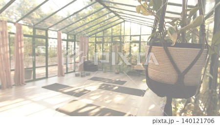 Swinging woven hanging planter holding trailing foliage in glass studio, with yoga mats, copy space Swinging woven hanging planter holding trailing foliage in glass studio, with yoga mats, copy space 140121706