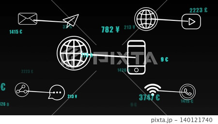 Displaying smartphone outline linking to globe on dark dashboard, showing icons and teal labels 140121740