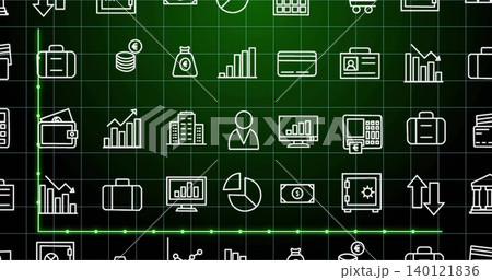 Displaying centered grid of white business and finance icons on dashboard, with neon trace Displaying centered grid of white business and finance icons on dashboard, with neon trace 140121836
