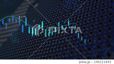 Displaying wide candlestick chart with teal bars, cyan trend line, value labels on perforated panel Displaying wide candlestick chart with teal bars, cyan trend line, value labels on perforated panel 140121843