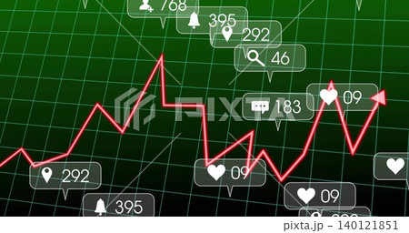 Displaying red neon jagged line chart moving across dark green grid, with clear social callouts Displaying red neon jagged line chart moving across dark green grid, with clear social callouts 140121851