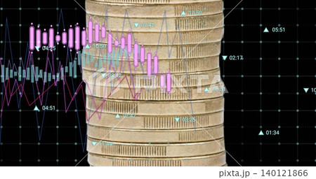 Displaying gold coin stack with pink candlesticks, blue-red line graphs, cyan markers on black grid Displaying gold coin stack with pink candlesticks, blue-red line graphs, cyan markers on black grid 140121866