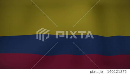 Showing tricolor flag filling closeup frame, with yellow blue red stripes, fabric weave, stitching 140121873