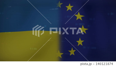 Displaying banner merging Ukraine bicolor with EU blue field, showing gold stars, seam, numeric 140121874