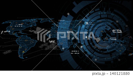 Displaying digital world map wireframe with circular HUD on black background, showing glowing nodes Displaying digital world map wireframe with circular HUD on black background, showing glowing nodes 140121880