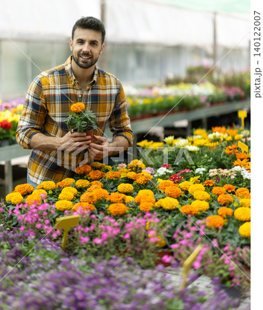 Buying flowers at a flower shop. Male shopper selects marigolds tagetes 140122007