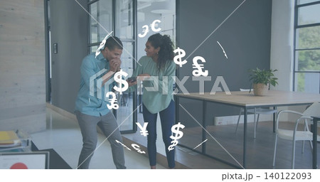 Holding face, man in blue shirt leaning in office while woman offering phone, currency overlay Holding face, man in blue shirt leaning in office while woman offering phone, currency overlay 140122093