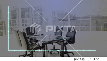 Displaying glass conference table and black leather chairs in modern office, cyan graph overlay 140122100