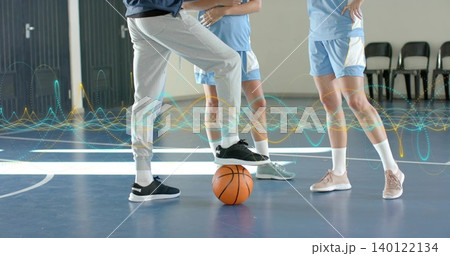 Standing three players balancing on basketball at gym, wearing light blue jerseys, waveform overlay Standing three players balancing on basketball at gym, wearing light blue jerseys, waveform overlay 140122134