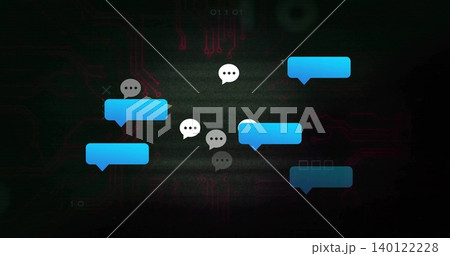Floating cyan chat bubbles glowing on motherboard, showing dots, squares, binary, magenta traces Floating cyan chat bubbles glowing on motherboard, showing dots, squares, binary, magenta traces 140122228