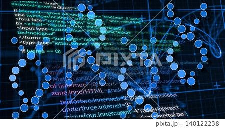 Displaying stylized DNA network structure glowing over data system, with blue nodes and code Displaying stylized DNA network structure glowing over data system, with blue nodes and code 140122238