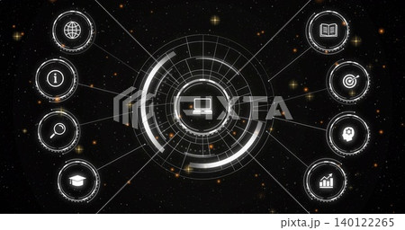 Displaying central multi-ring HUD with laptop icon in dark starfield, showing eight satellite nodes 140122265