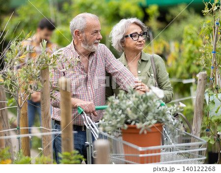 Senior of with shopping cart walks through floral shopping center 140122268