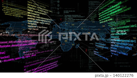 Rendering stylized world map with grid overlay in virtual dashboard, showing neon code columns 140122276