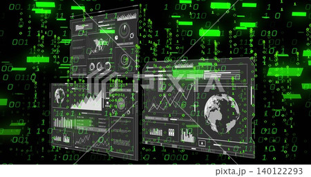 Floating 3 data panels showing charts, gauges and globe in dark void, streaming neon green binary Floating 3 data panels showing charts, gauges and globe in dark void, streaming neon green binary 140122293