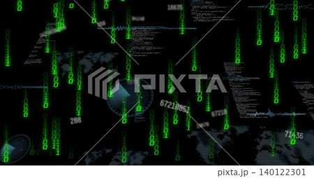 Streaming vertical green binary digits moving across cyber dashboard, showing code, radar overlays 140122301