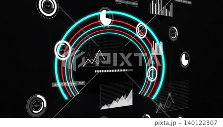 Projecting central dashboard floating in HUD, with concentric teal and red arcs, gauges, charts Projecting central dashboard floating in HUD, with concentric teal and red arcs, gauges, charts 140122307