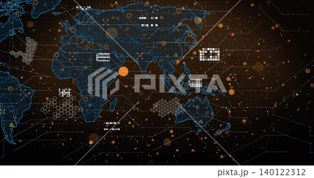 Displaying stylized world map on dashboard with hex clusters, data blocks, thin lines, orange nodes 140122312