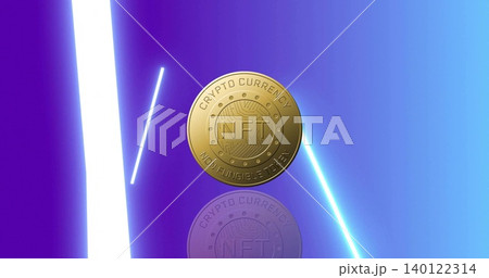 Floating gold NFT coin hovering above mirrored surface with vertical white beam and cyan streak 140122314