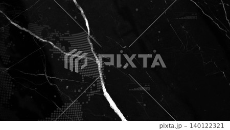 Showing bright diagonal vein crossing black marble slab with halftone map left and speckles 140122321