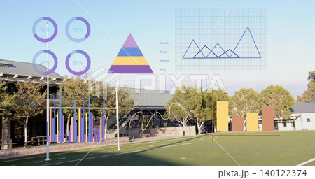 Displaying turf field at school with yard lines, two goalposts, building and floating data charts Displaying turf field at school with yard lines, two goalposts, building and floating data charts 140122374