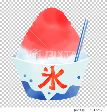 Watercolor-style illustration of strawberry syrup shaved ice - Cute hand-drawn Japanese sweets 140122426