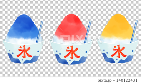 A cute hand-drawn watercolor-style illustration set of shaved ice (strawberry, lemon, blue Hawaii). 140122431