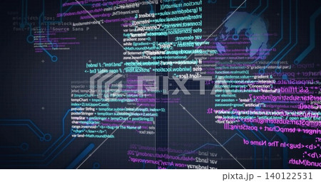 Displaying stylized globe shifting on dark grid hub, connecting neon source code panels and nodes Displaying stylized globe shifting on dark grid hub, connecting neon source code panels and nodes 140122531