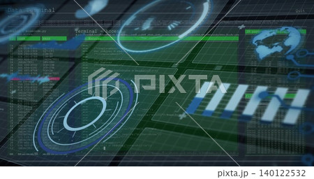 Displaying holographic interface filling virtual grid, showing green terminals, globe, data columns Displaying holographic interface filling virtual grid, showing green terminals, globe, data columns 140122532