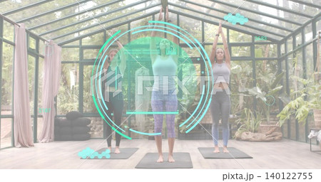 Stretching woman in light tank patterned leggings, raising arms in greenhouse studio with cyan HUD Stretching woman in light tank patterned leggings, raising arms in greenhouse studio with cyan HUD 140122755