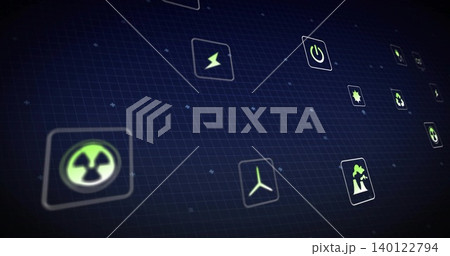 Displaying tiles on navy grid showing radioactive symbol left, glowing energy icons, copy space Displaying tiles on navy grid showing radioactive symbol left, glowing energy icons, copy space 140122794