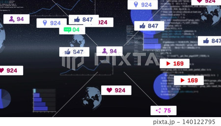 Floating social media badges and widgets occupying dark data dashboard, showing globe icons, charts Floating social media badges and widgets occupying dark data dashboard, showing globe icons, charts 140122795